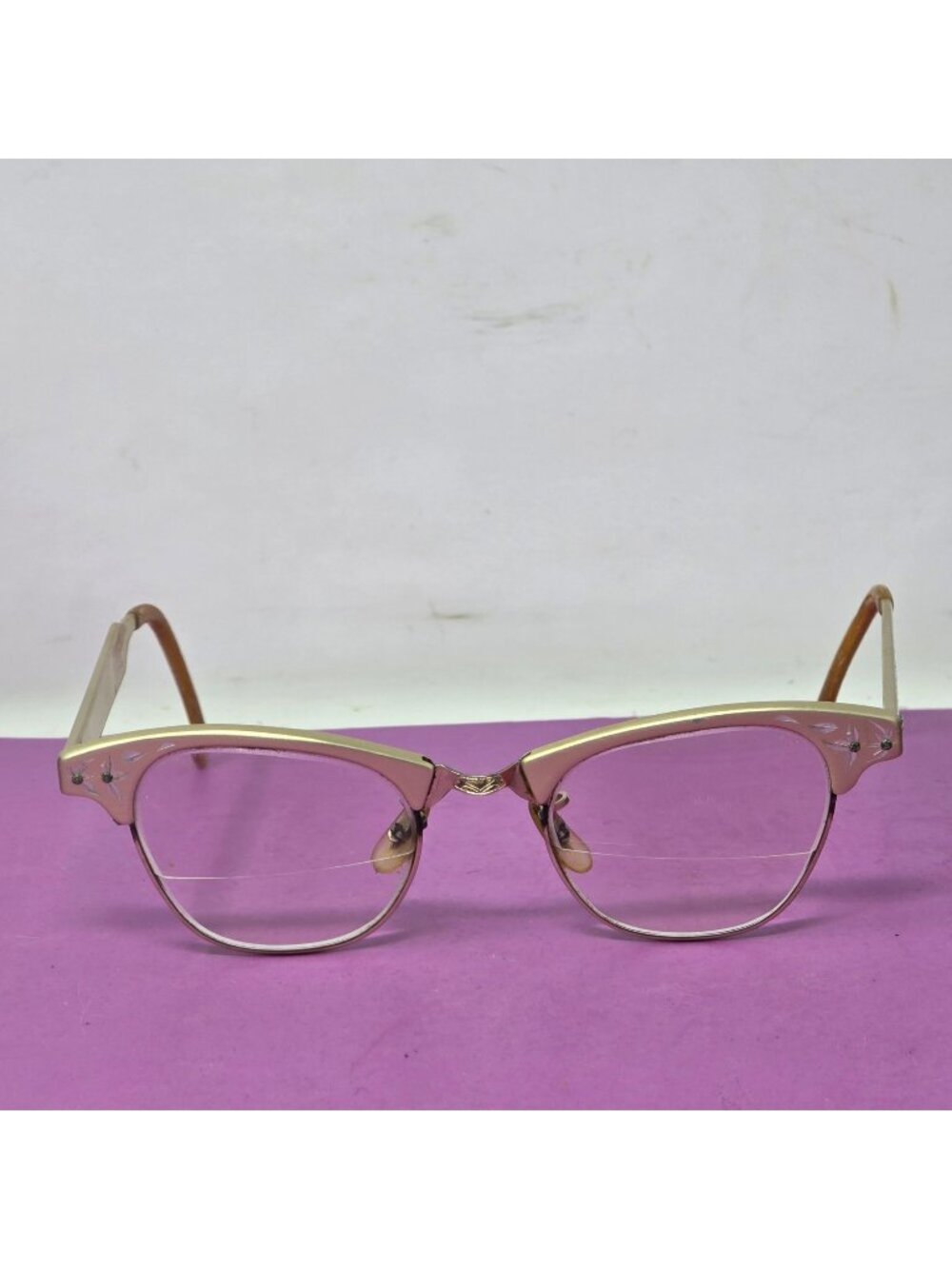 Vintage Gold & Pink Cat-Eye Glasses With Floral Engraving & Clear Lenses